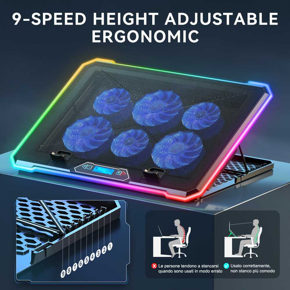 Регулируемая подставка для игровых ноутбуков, 6 вентиляторов, RGB LED подсветка, 10 углов наклона, держатель для смартфона, 2 USB, для экрана 13