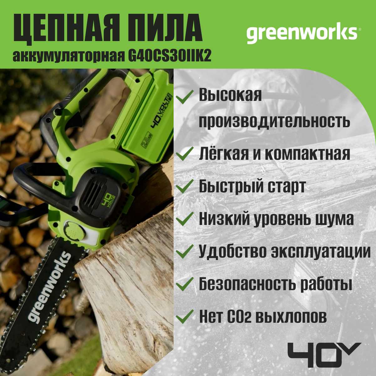 Цепная пила Greenworks G40CS30IIK2 фотография 1