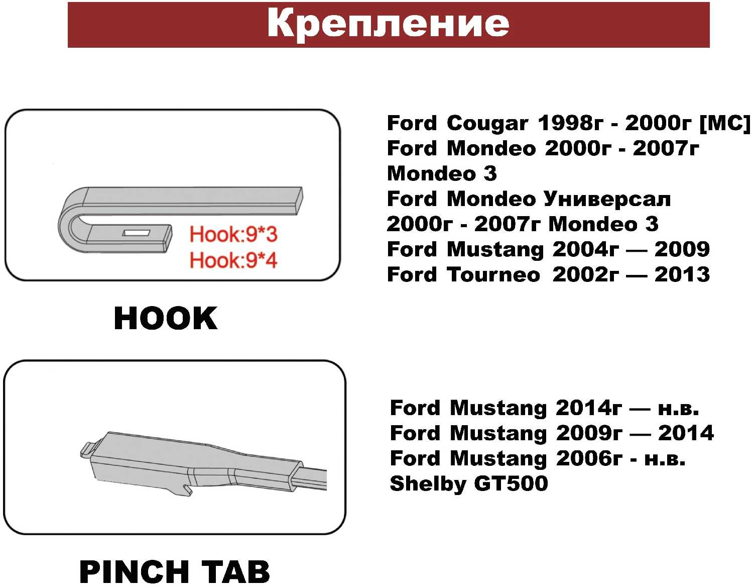 Комплект бескаркасных щеток стеклоочистителей Ford Cougar, Mondeo, Mustang, Tourneo фотография 1