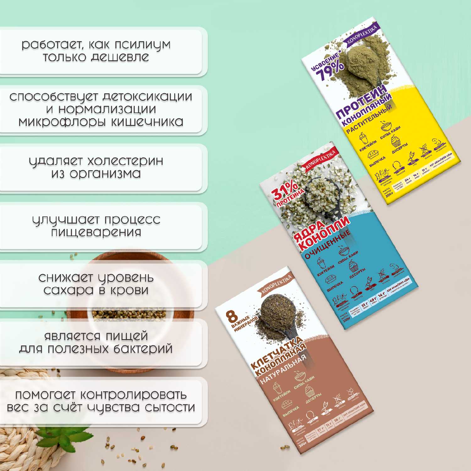 Натуральный белок из семян конопли KONOPLEKTIKA HEMPGREEN (300 г) фотография 3