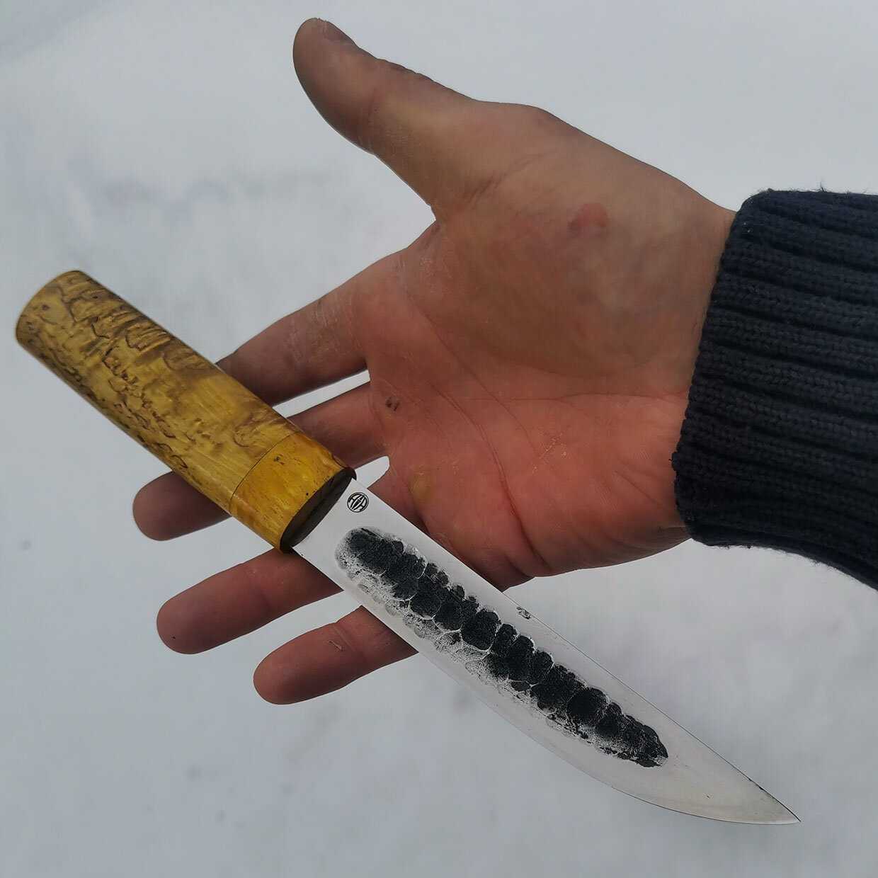 Нож Якутский ручной ковки из стали Х12МФ, рукоять стабилизированная карельская берёза фотография 3