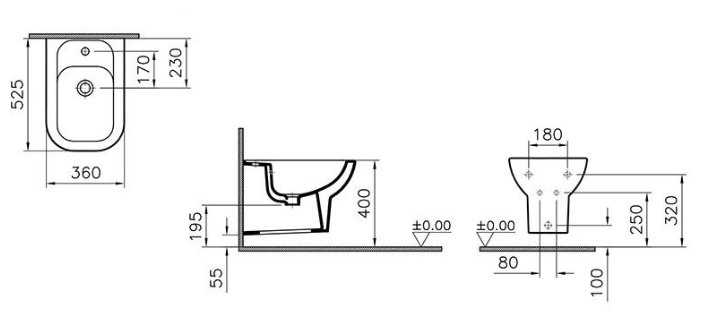 Биде подвесное VitrA Retro 5165B003-0288 с горизонтальным выпуском фотография 1