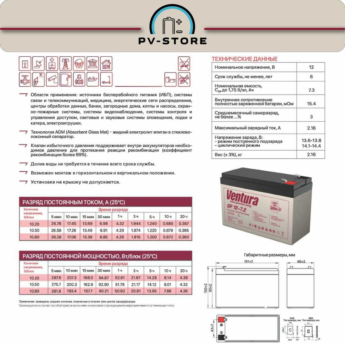 Аккумуляторная батарея Ventura GP 12-7.2 (12В 7.2 А·ч) фотография 17