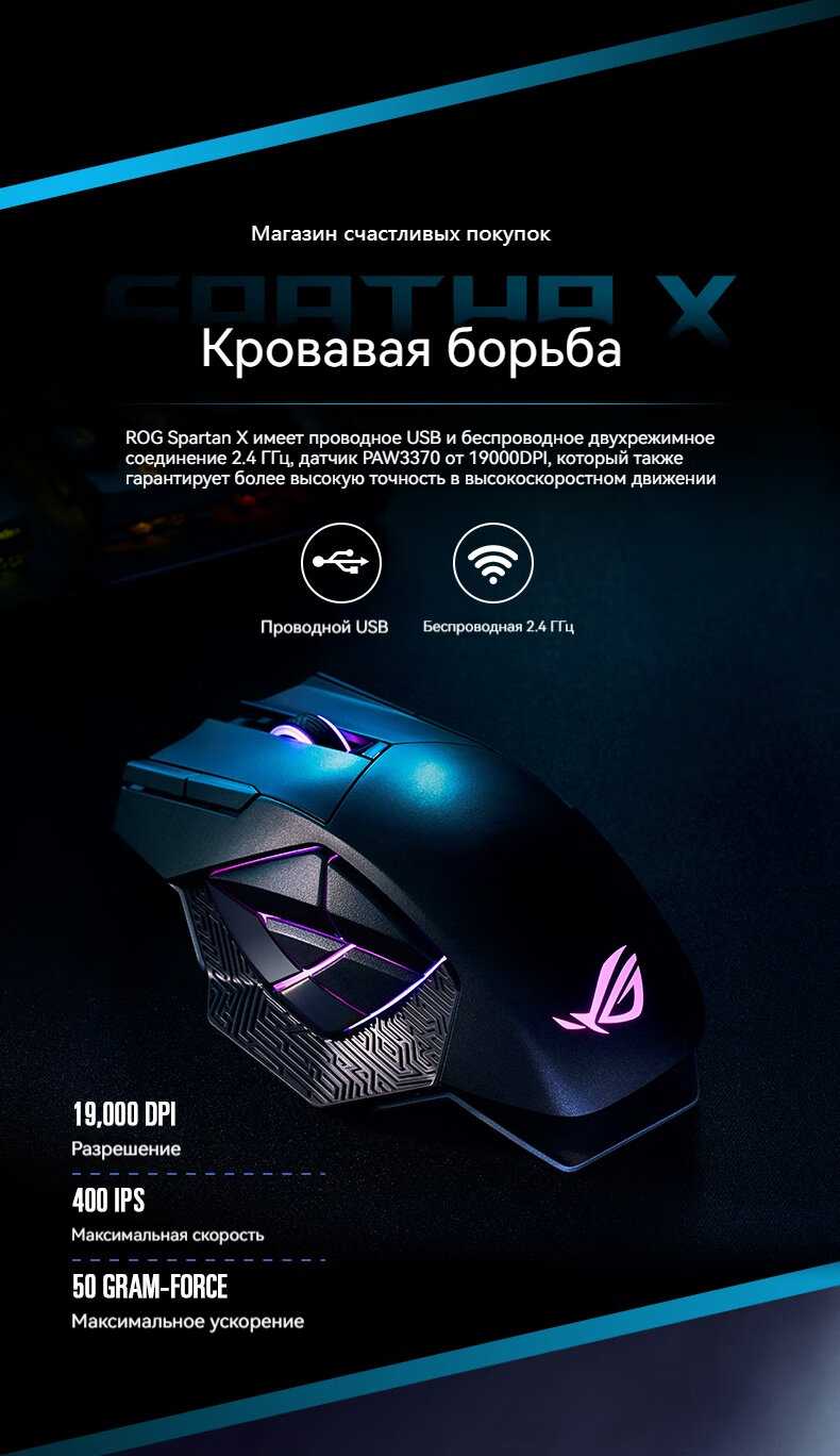 Беспроводная игровая мышь ROG Spartan X (PAW3370) фотография 2