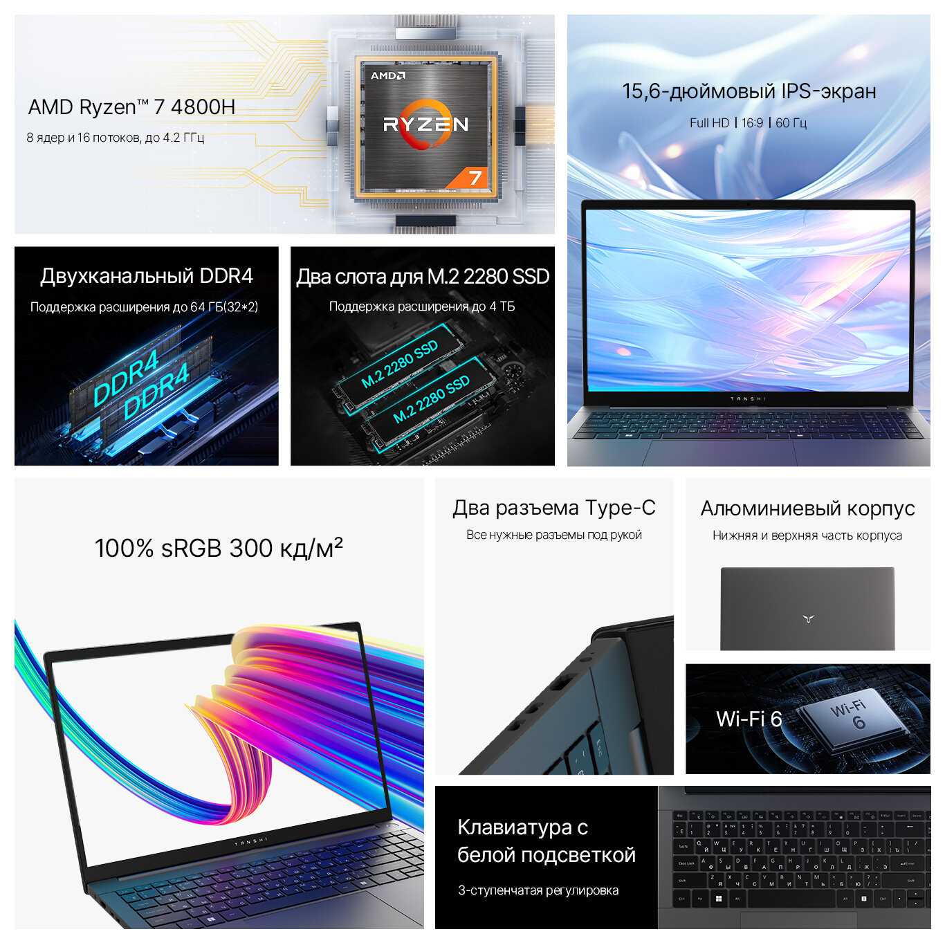 Ноутбук TANSHI M15C (AMD Ryzen 7 4800H, 16 ГБ RAM, 1ТБ SSD) фотография 4