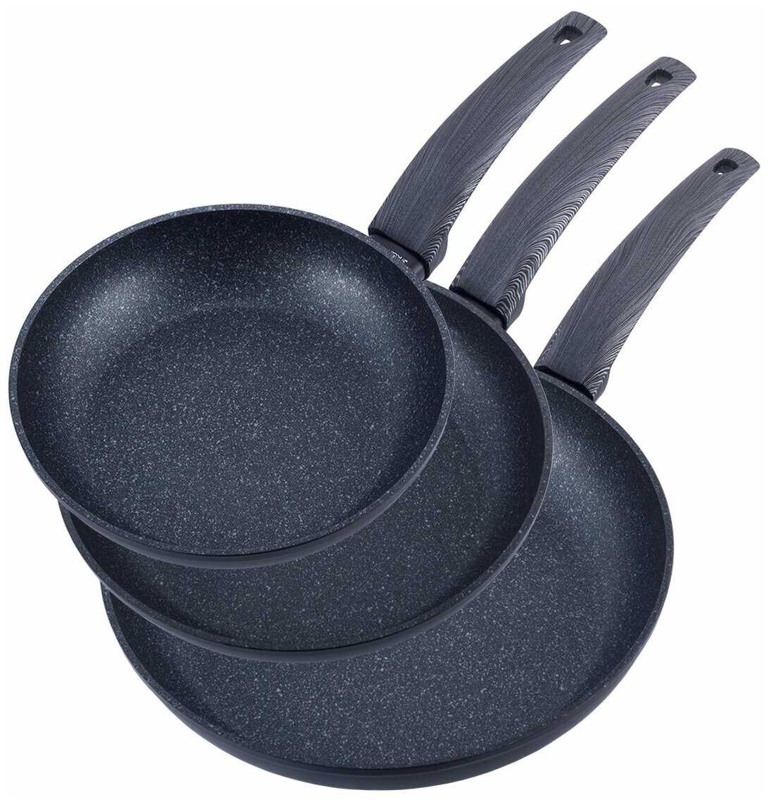 Набор сковород, Kamille, с антипригарным покрытием Black marble, 20см, 24см, 28см
