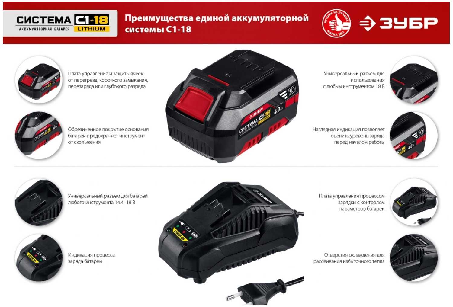 Аккумулятор ЗУБР АКБ-С1-18-4 Li-Ion 18 В 4 А·ч фотография 3