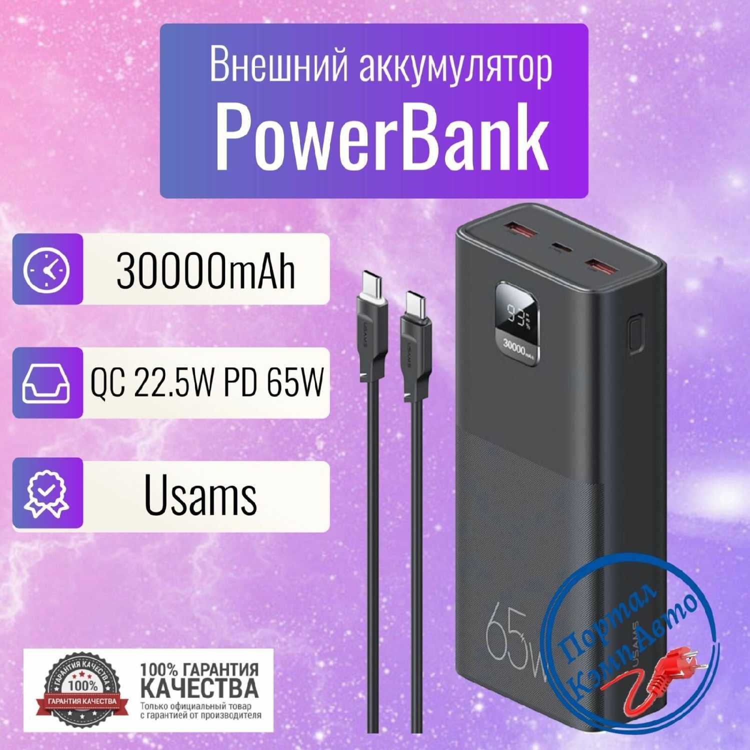 Внешний аккумулятор Usams Power Bank (30000mAh 65W) фотография 17