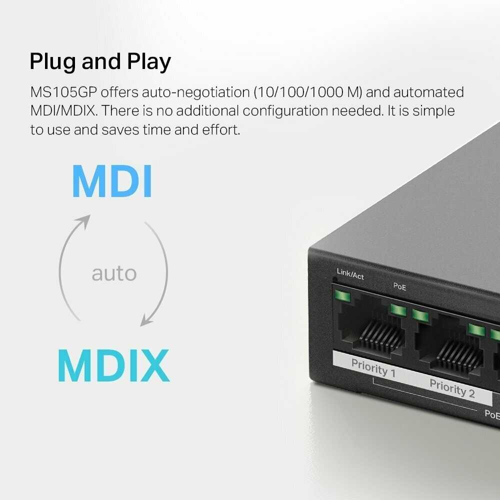 Настольный коммутатор Mercusys MS105GP [5 гигабитных портов, 4 PoE+] фотография 6