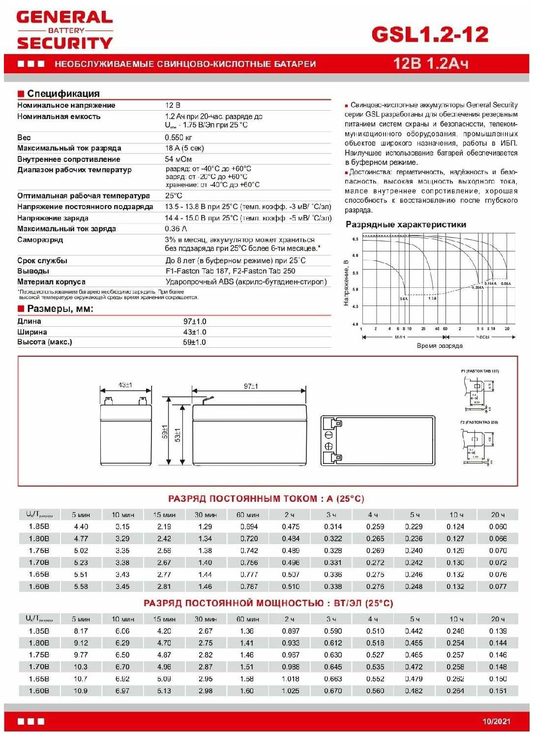 Аккумулятор General Security GSL 1.2-12 (12В, 1.2Ач) фотография 4