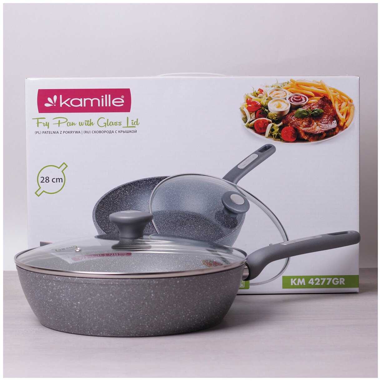 Сотейник 28 см с крышкой Kamille KM-4277GR (Ø28х7.5 см) из кованного алюминия с серым мраморным покрытием фотография 9