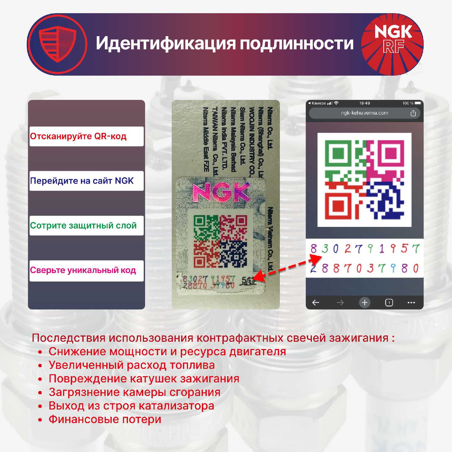 Свечи зажигания Ниссан, Рено NGK ­PLZKAR6A-11/5118/, 91136/­V-Line 51/VL5. С защитным QR-кодом. Оригинал. Япония фотография 6