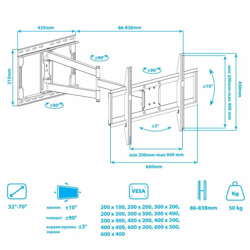 Кронштейн для телевизора настенный наклонно-поворотный Tuarex ALTA-661 [до 70 дюймов, VESA 600x400] фотография 6