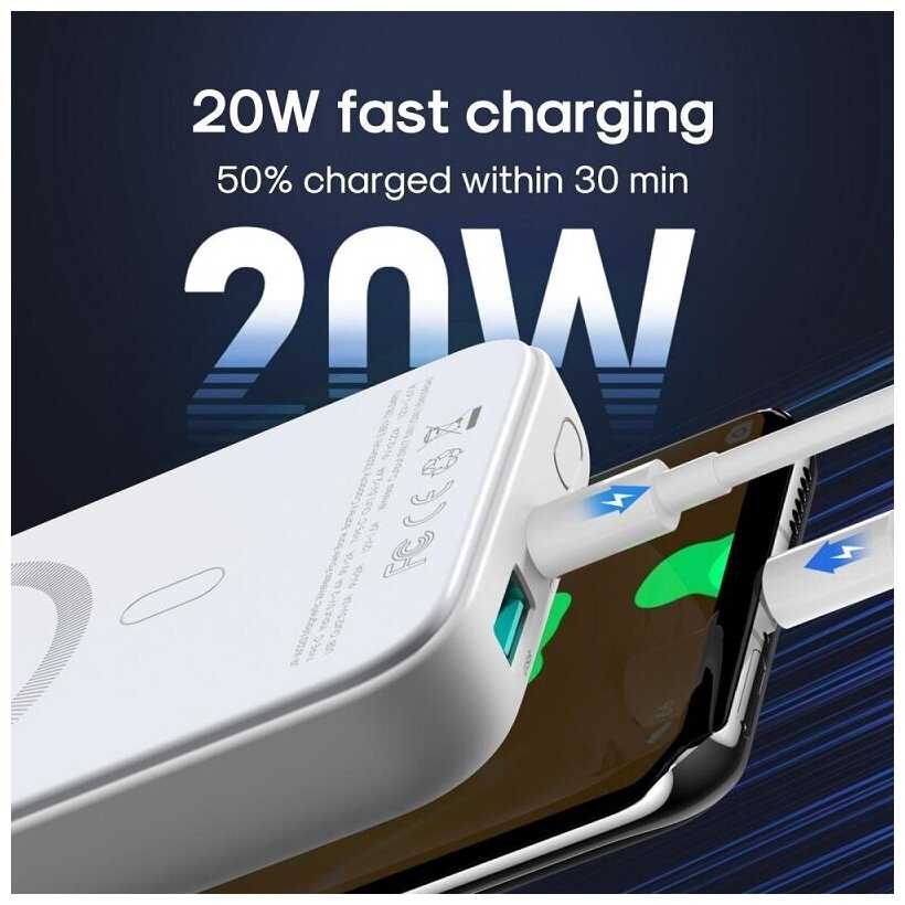 Power bank Внешний аккумулятор зарядка для телефона Joyroom 10000 mAh PD 20W+USB 3A с встроенным магнитом белый JR-W020 Mini фотография 2