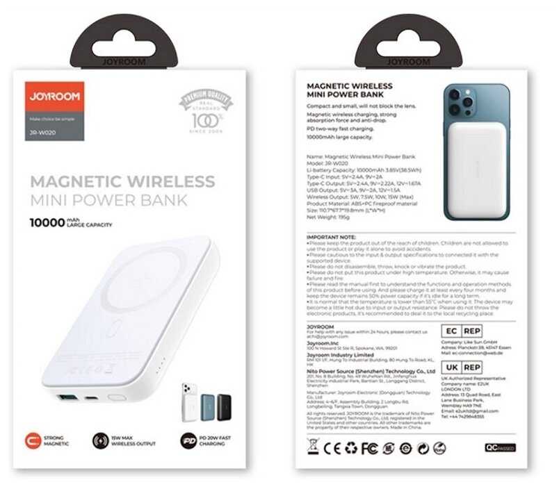 Power bank Внешний аккумулятор зарядка для телефона Joyroom 10000 mAh PD 20W+USB 3A с встроенным магнитом белый JR-W020 Mini фотография 3