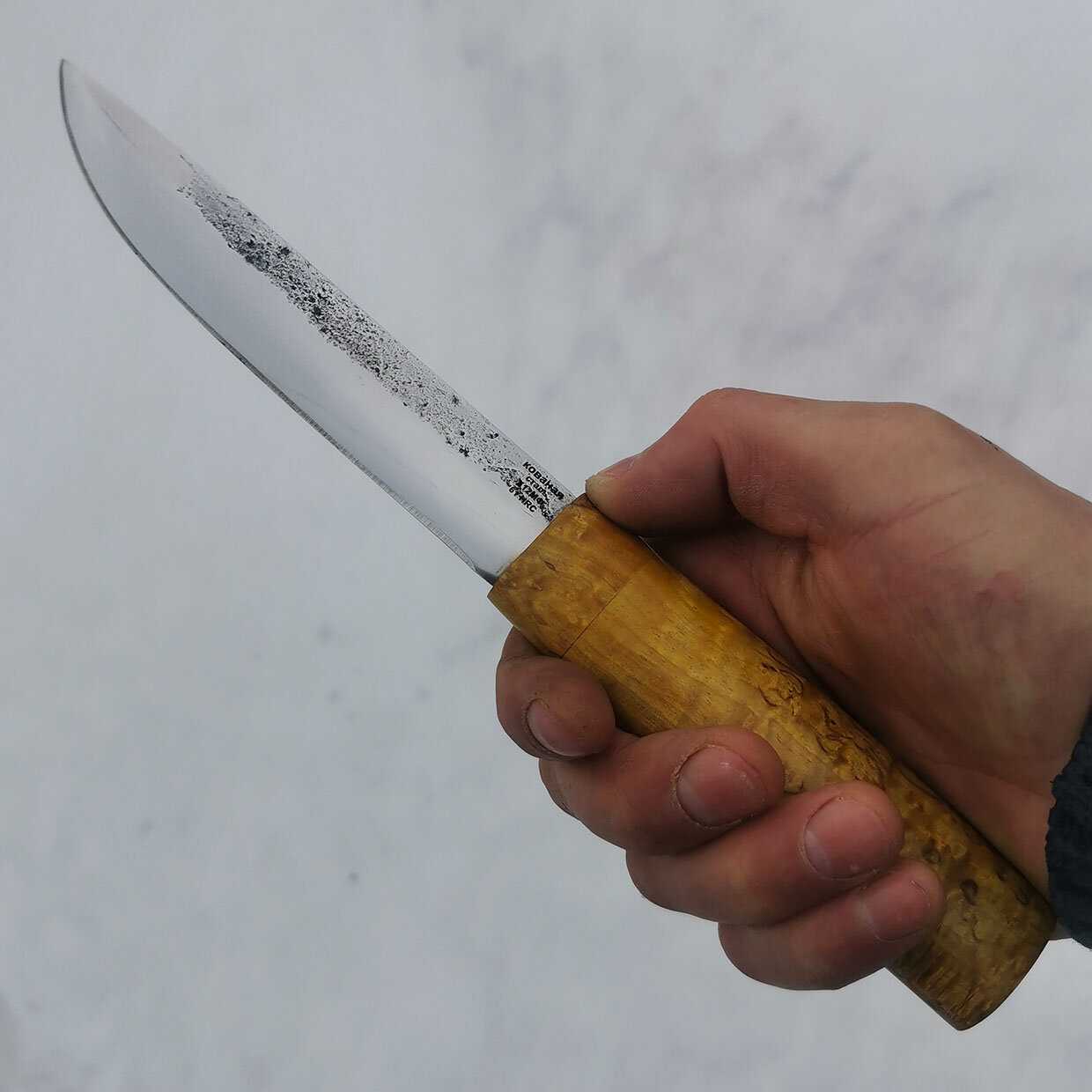 Нож Якутский ручной ковки из стали Х12МФ, рукоять стабилизированная карельская берёза фотография 2
