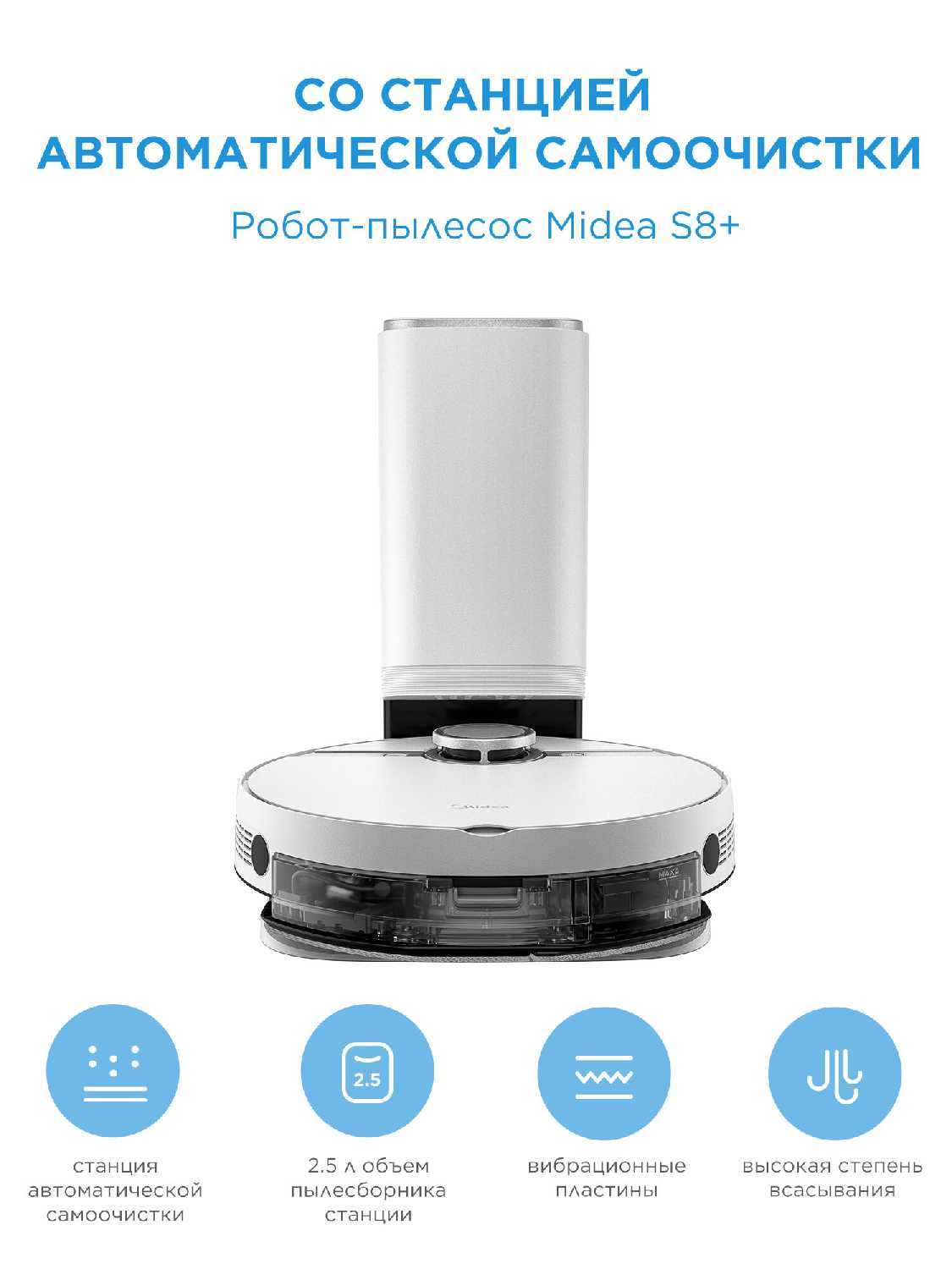 Робот-пылесос Midea S8+ с базой самоочистки и электролизом, Wi-Fi, LiDAR фотография 1