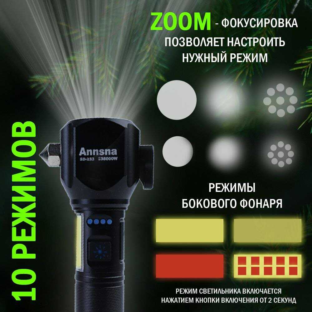 Фонарик сверхмощный на 500м с лезвием и аварийным молотком, на магните, зарядка от Power bank фотография 4