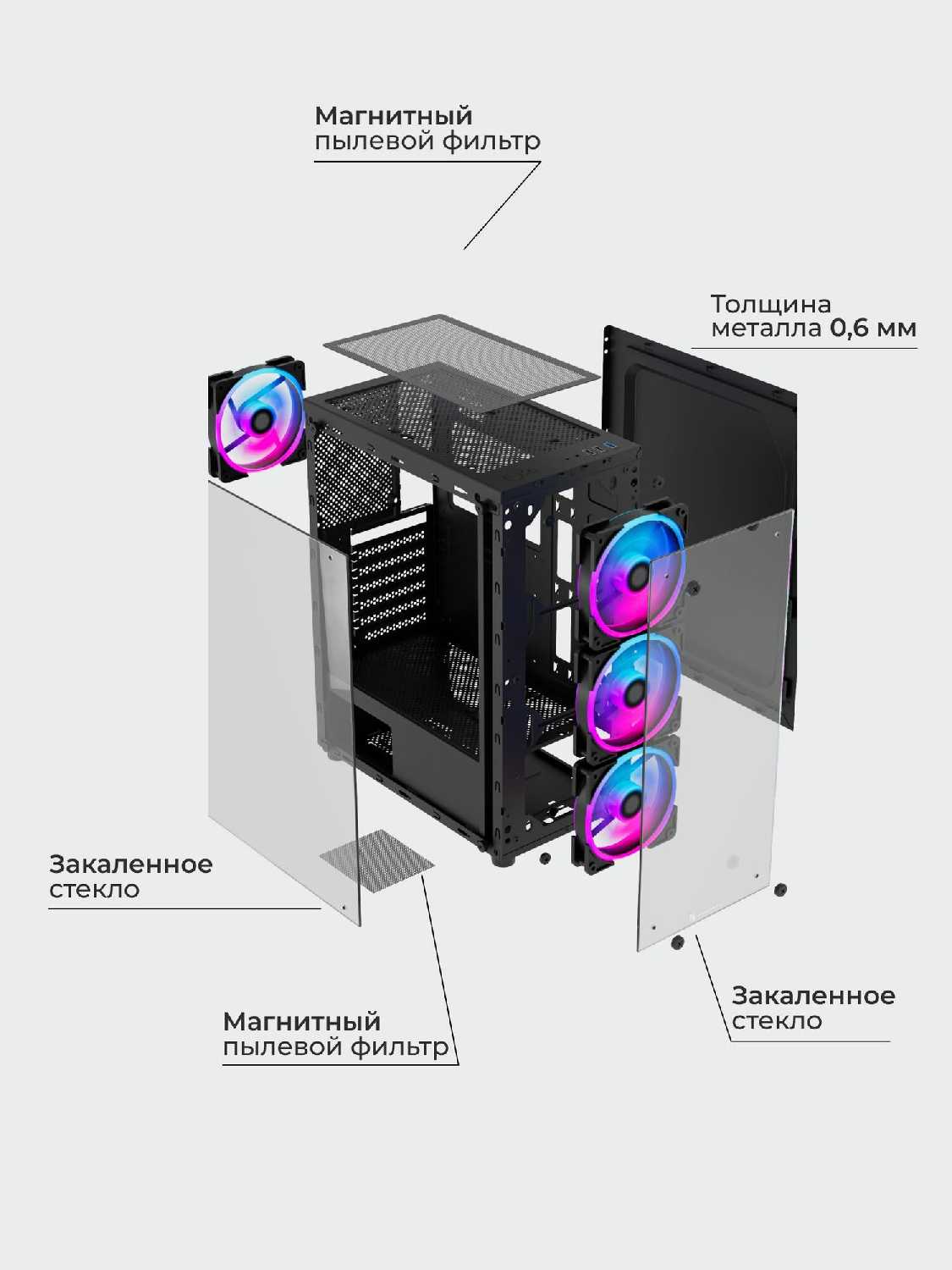 Корпус Warrior Z2 + 4 ARGB вентилятора + закаленное стекло сбоку и спереди, ATX, Micro-ATX, Mini-ITX фотография 3