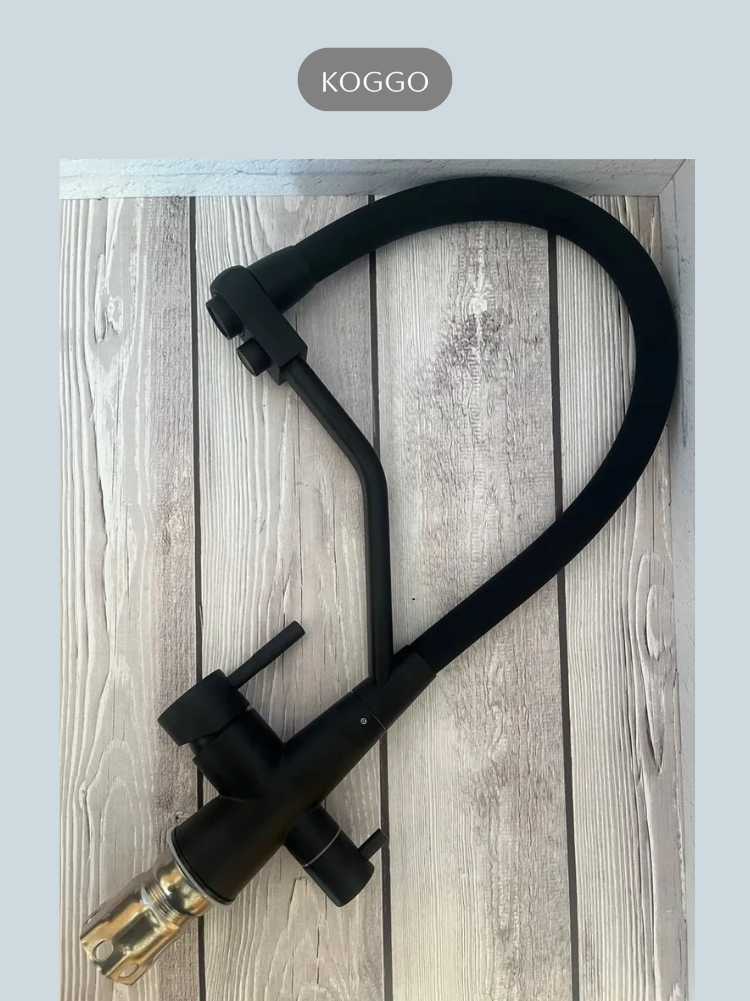 Смеситель для кухонной мойки под фильтр с краном для питьевой воды и гибким изливом KOGGO черный/силикон фотография 26