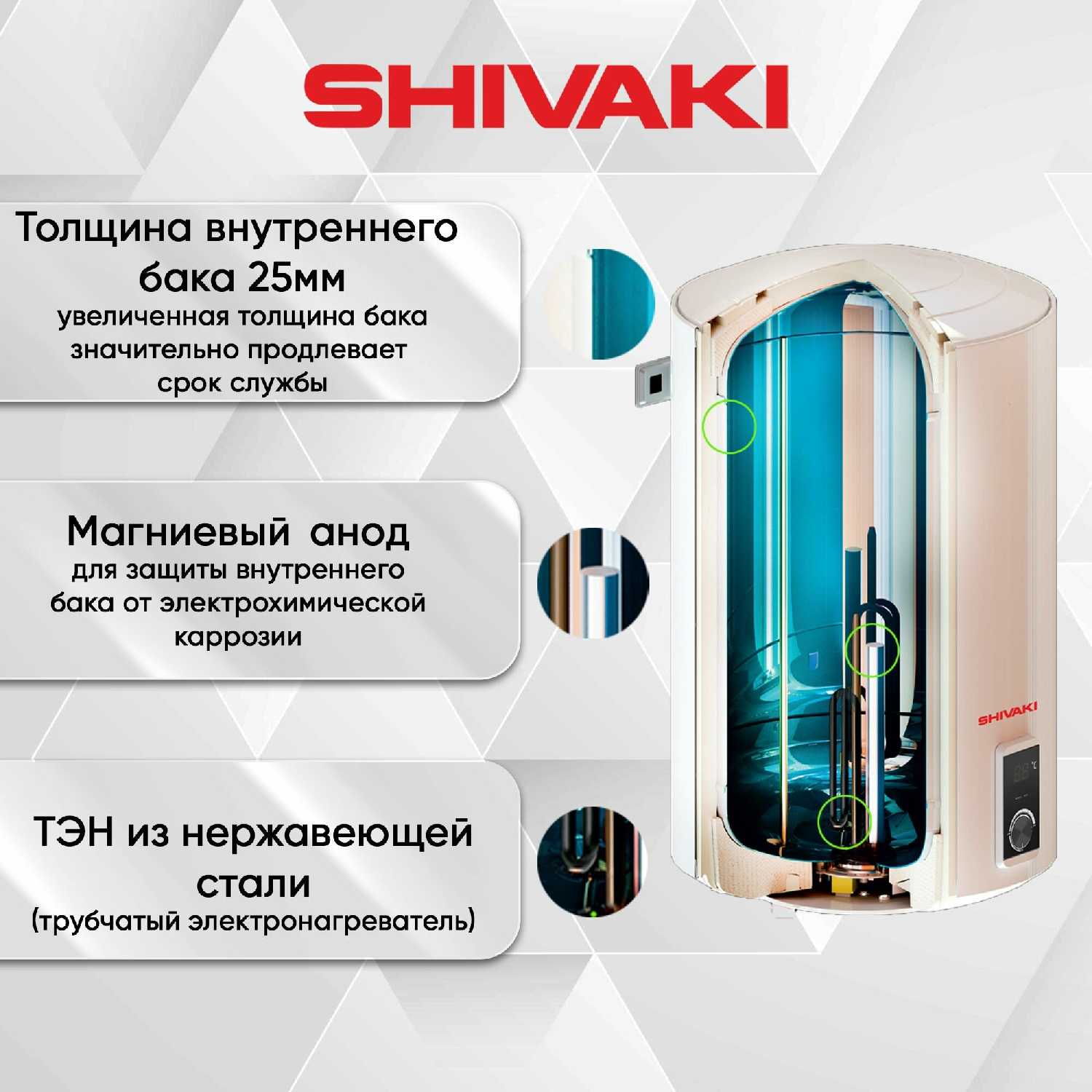 Водонагреватель накопительный SHIVAKI SH WH 1,5 КВ 50л ( Узкий ) фотография 2