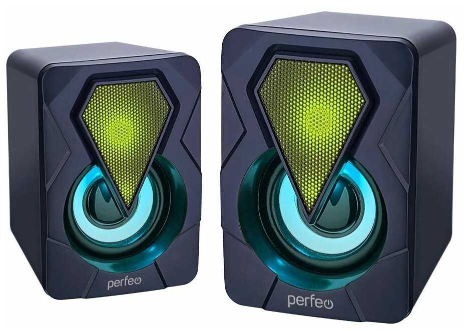 Компьютерные колонки 2.0 Perfeo Shine, 2х3, USB, LED подсветка, черные фотография 1