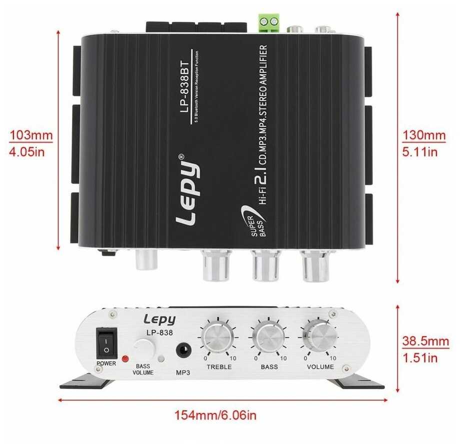 Hi-Fi Усилитель мощности Lepy LP-838BT Bluetooth 5.0 2.1 канала фотография 3