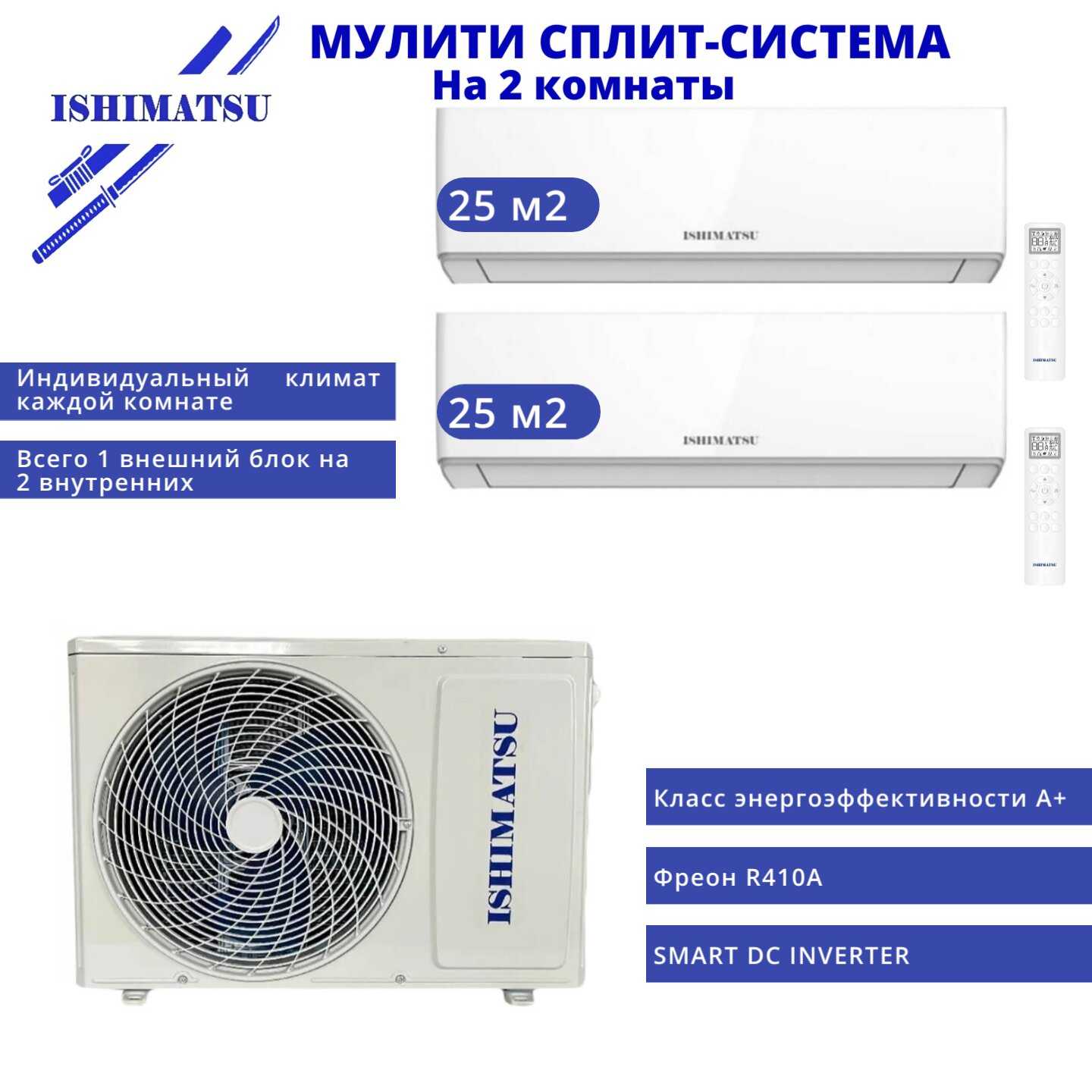 Мульти сплит-система ISHIMATSU AMSN-18/2+AMS-07+AMS-09 [21 м2 + 25м2]