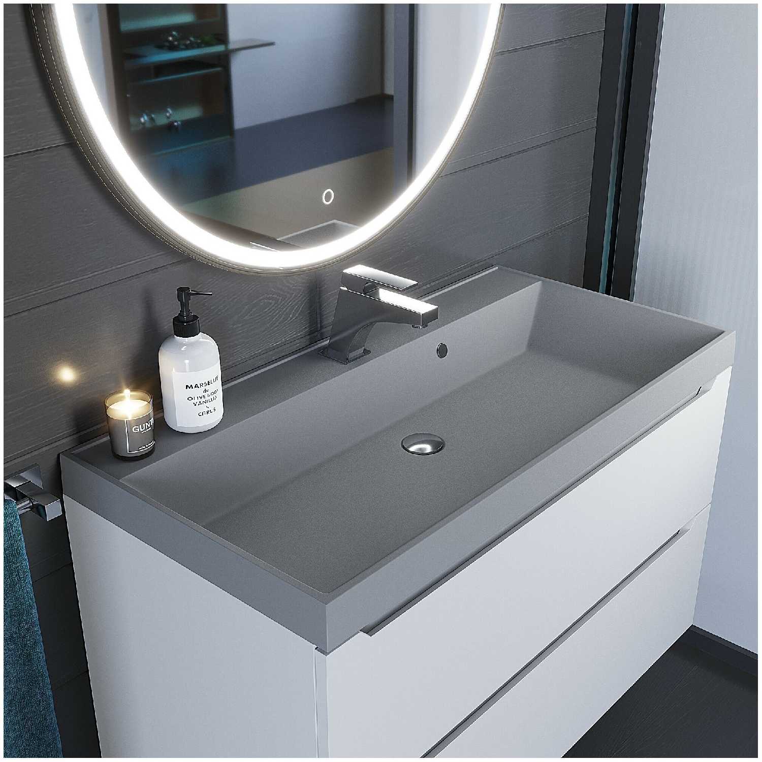 Раковина кварцевая для ванной комнаты Uperwood Classic Quartz 90 см, серая матовая, бетон