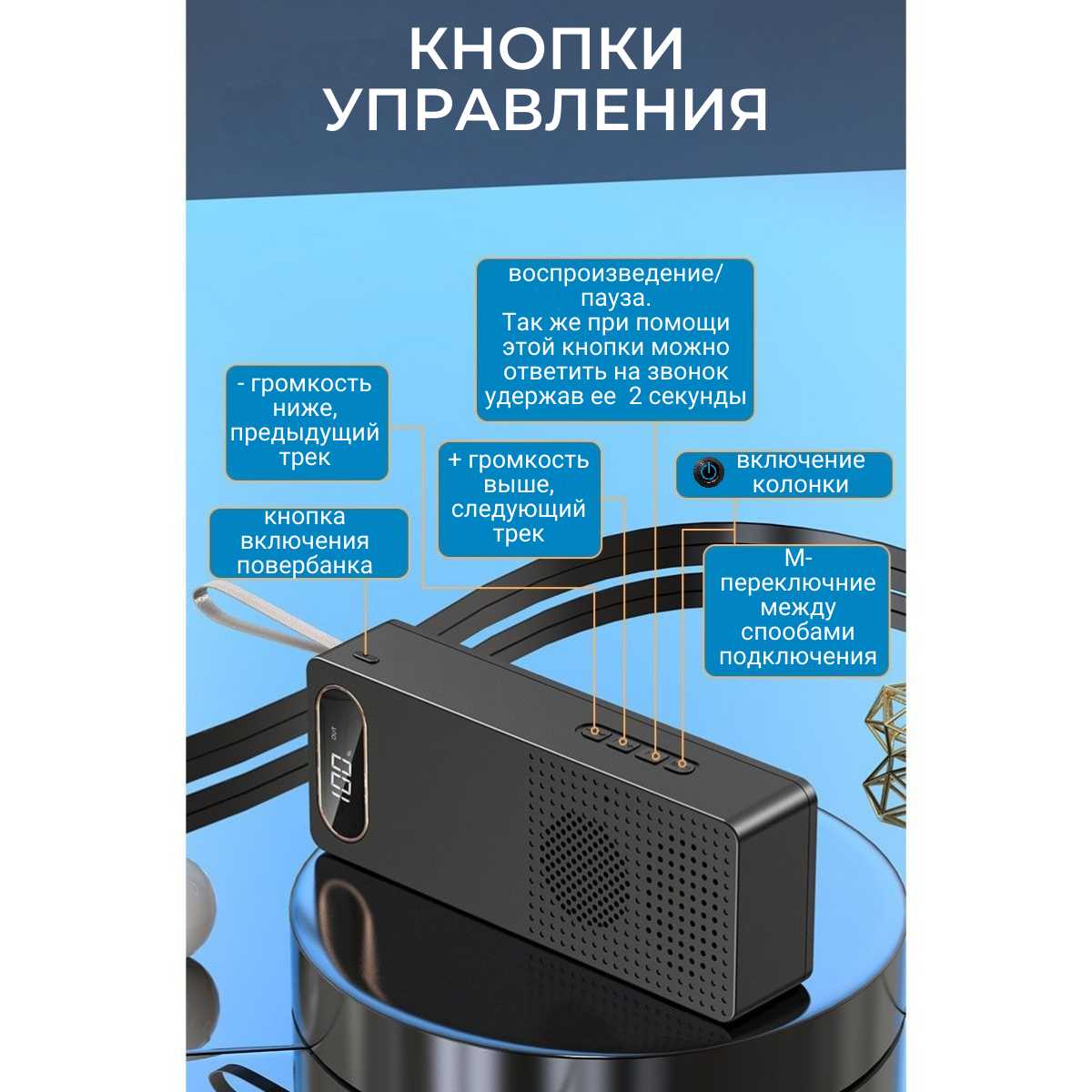 Корпус ABC для повербанка с колонкой и фонариком для аккумуляторов 18650 черный фотография 4