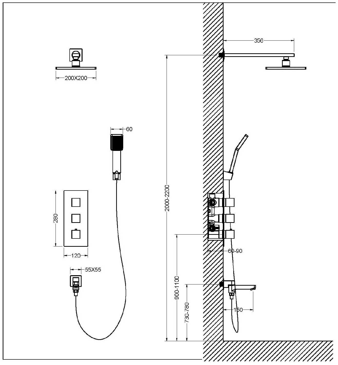 Душевой комплект скрытого монтажа Timo Tetra-thermo с термостатом черный SX-0199/03SM фотография 1