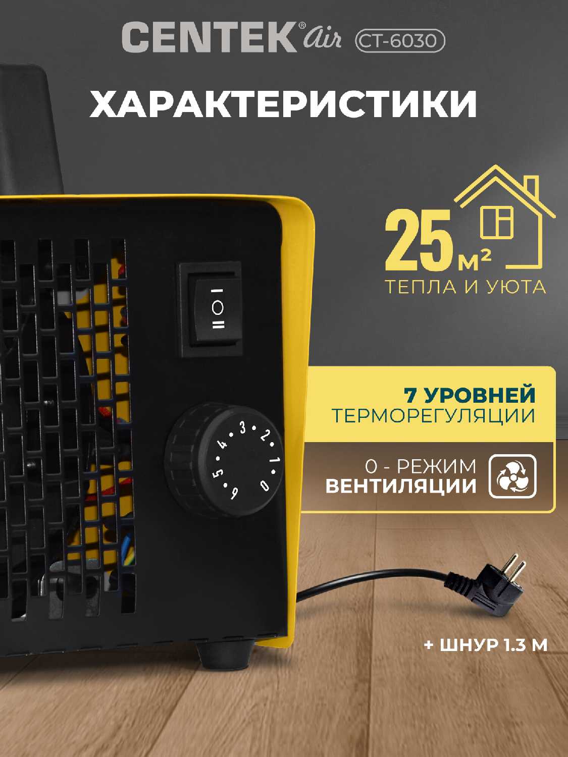 Тепловентилятор 2в1 настольный CENTEK CT-6022 с терморегулятором, 3 режима работы, 2 режима мощности, керамический нагреватель, защита от перегрева, функция вентилятора, 750/1500Вт, черно-красный фотография 3