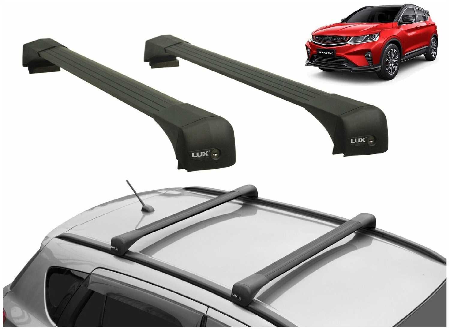 Багажник на Geely Coolray (2020-.) на интегрированные рейлинги, Lux Bridge, черные дуги