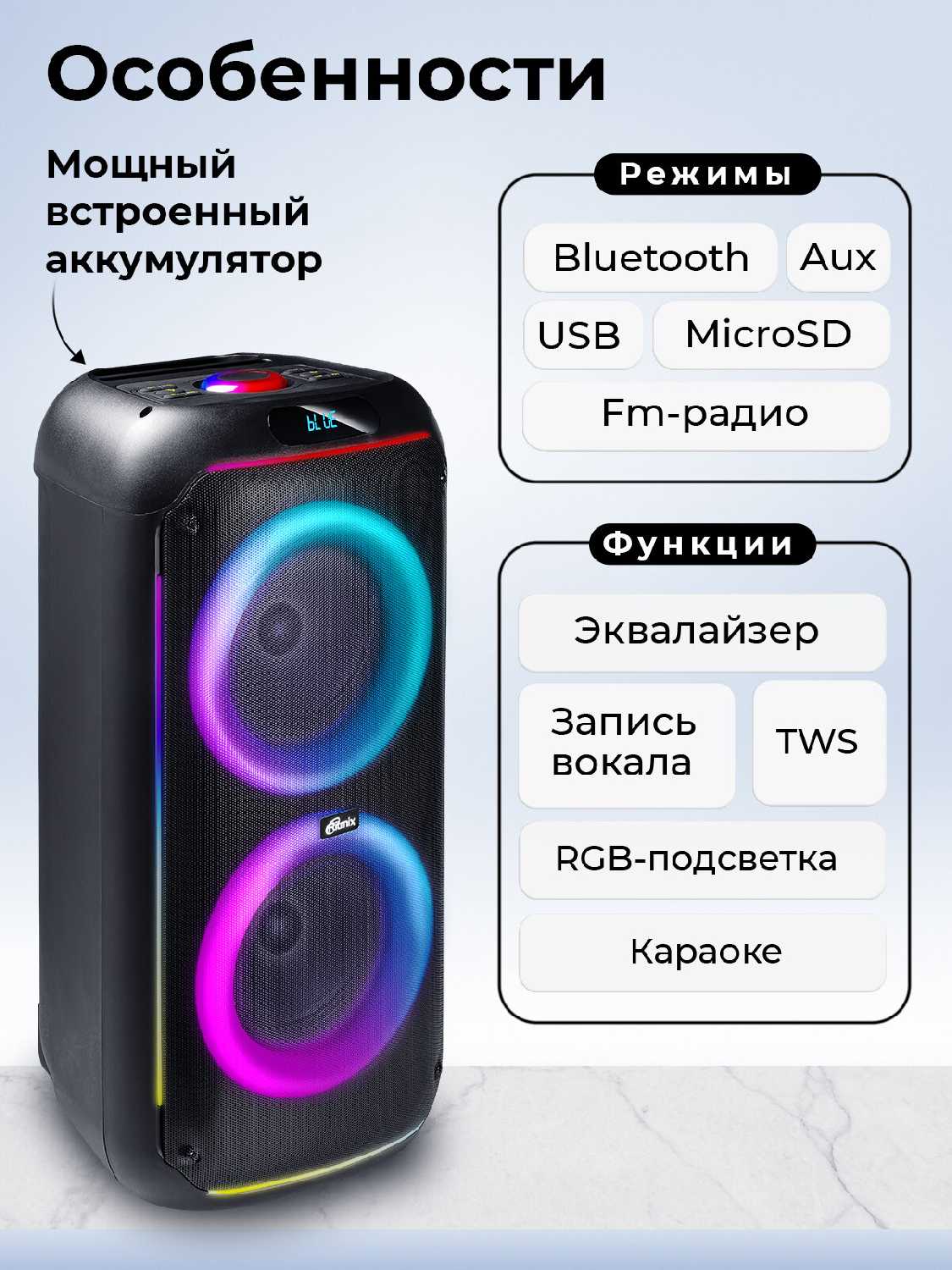 Портативная колонка RITMIX SP-560B, 120Вт, Bluetooth v5.3, USB, microSD, AUX, FM-радио, TWS-режим, микрофон в комплекте фотография 1