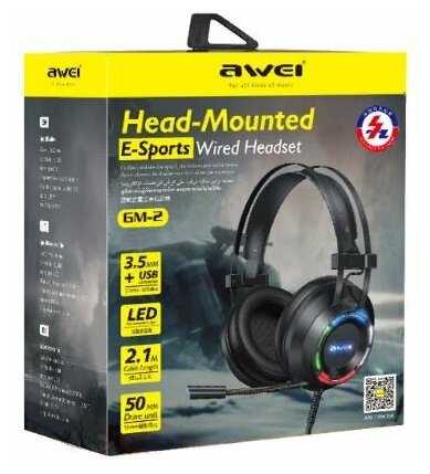 Наушники Awei GM-2 с микрофоном 2.1м черные с подсветкой фотография 6