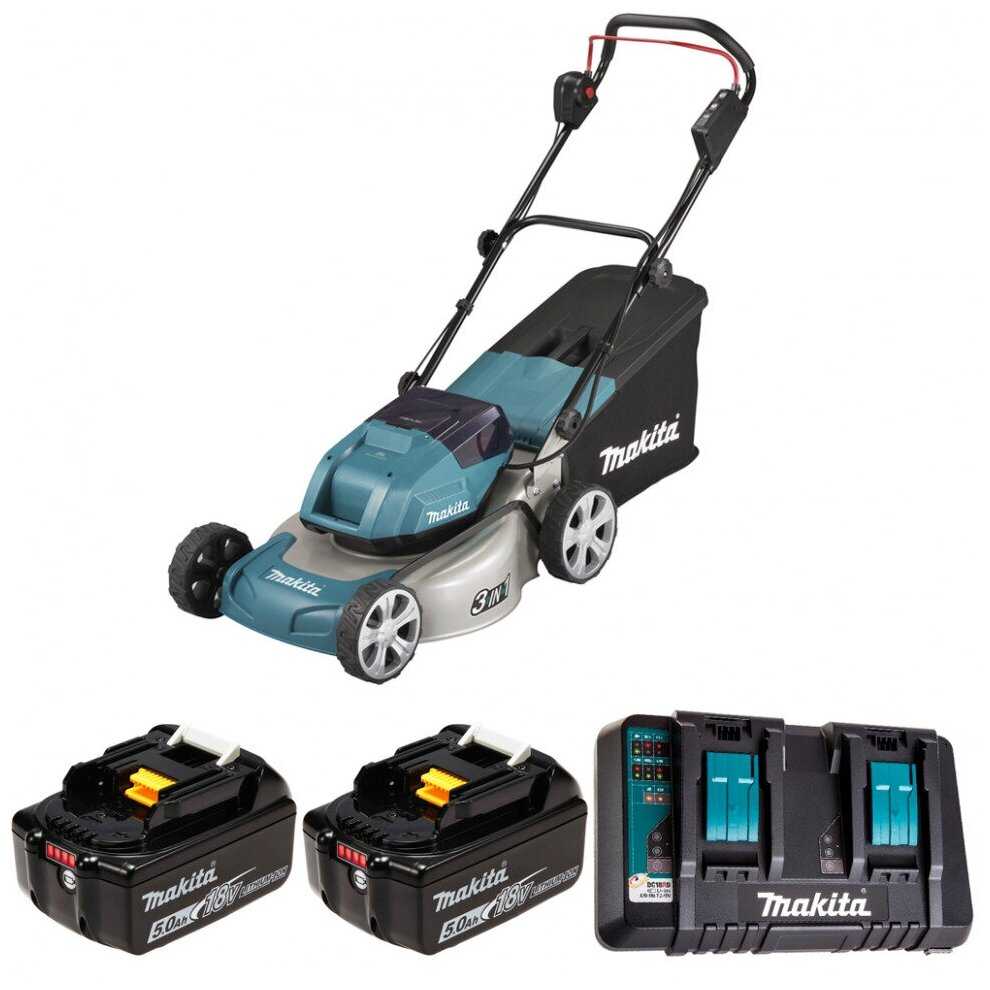 Аккумуляторная газонокосилка Makita DLM460PT2, 5 А·ч, с АКБ, 46 см фотография 8