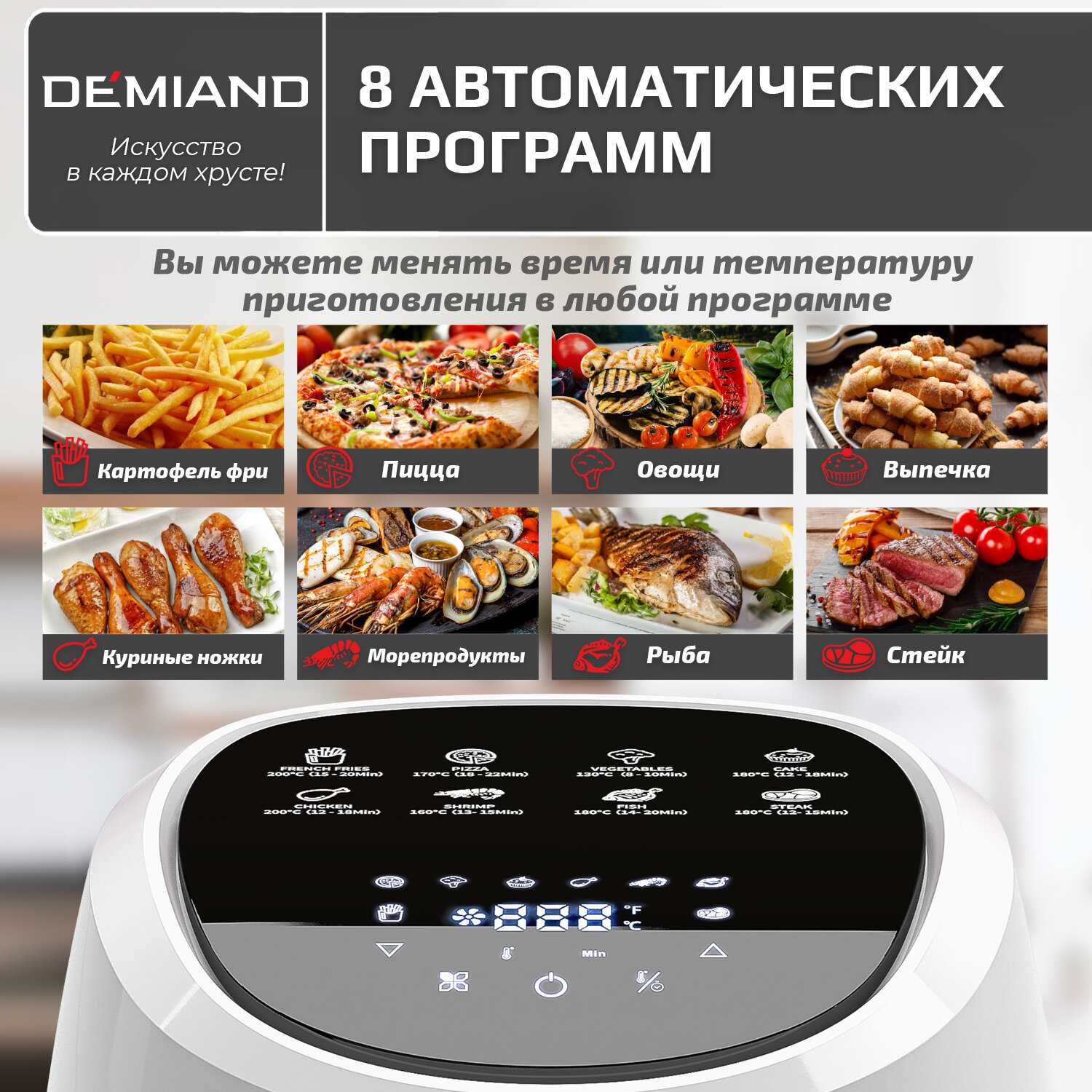 Аэрогриль DEMIAND с функциями фритюрницы, гриля, духовки, тостера, мини-печи (съемная решетка, корзина, 8 программ, 4,5л, 1400Вт) фотография 6