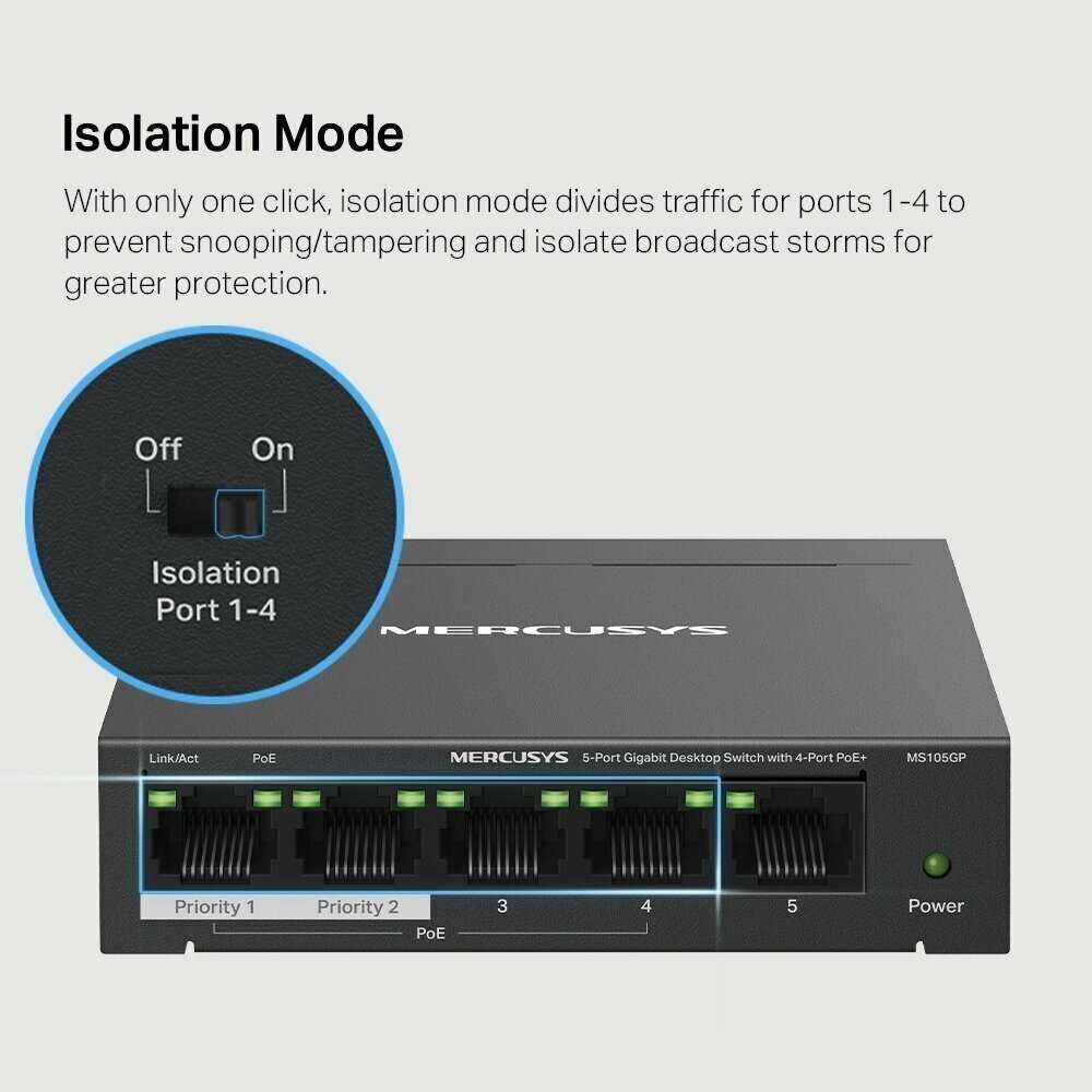 Коммутатор Mercusys Коммутатор с 5 гигабитными портами (4 порта PoE+) (MS105GP) фотография 5