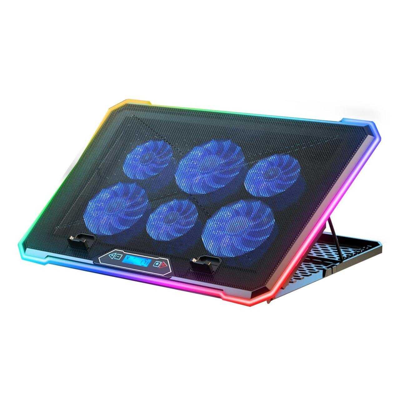 Регулируемая подставка для игровых ноутбуков, 6 вентиляторов, RGB LED подсветка, 10 углов наклона, держатель для смартфона, 2 USB, для экрана 13