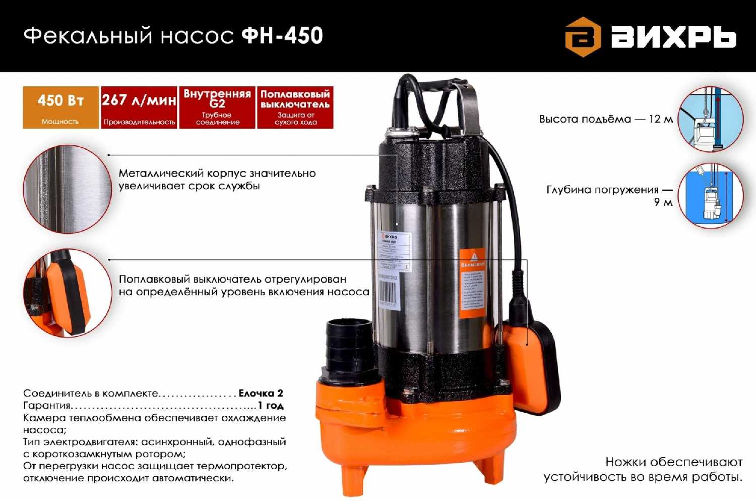 Фекальный насос ВИХРЬ ФН-450 фотография 3