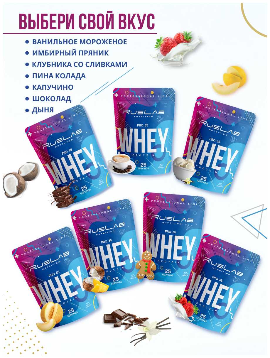 Протеин сывороточный WHEY PRO 65, белковый коктейль (416 гр), вкус пина колада фотография 5