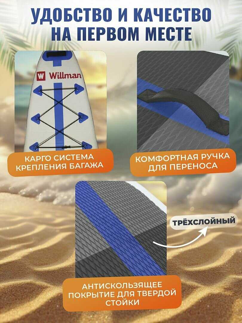 Сапборд Willman надувная доска для плавания с веслом, насос и сумка, поводок и плавник, с набором для ремонта фотография 27
