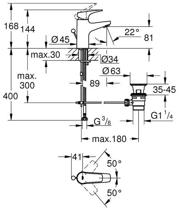 Смеситель для раковины Grohe Start Flow с донным клапаном, S-Size, 23809000 фотография 1