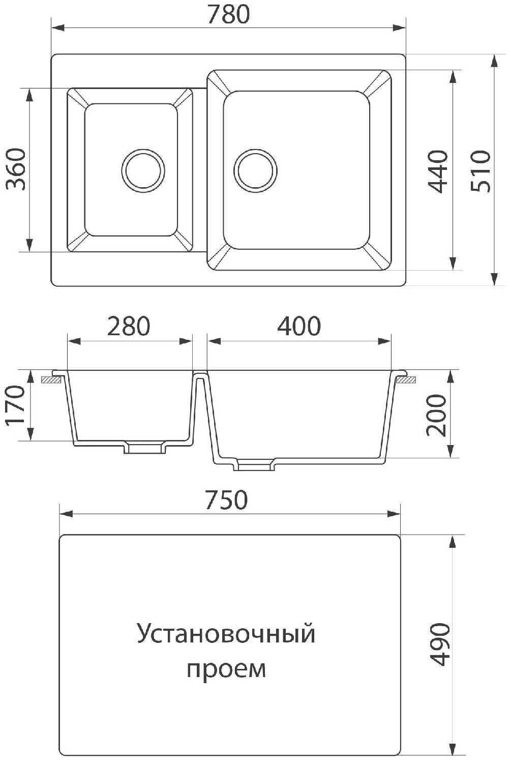 Врезная кухонная мойка GreenStone GRS-76K, 51х78см, искусственный мрамор фотография 1