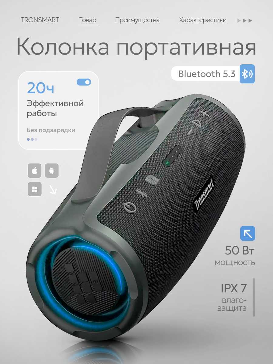 Портативная колонка Tronsmart Mirtune S100 (50Вт, Bluetooth 5.3, влагозащита IPX7)