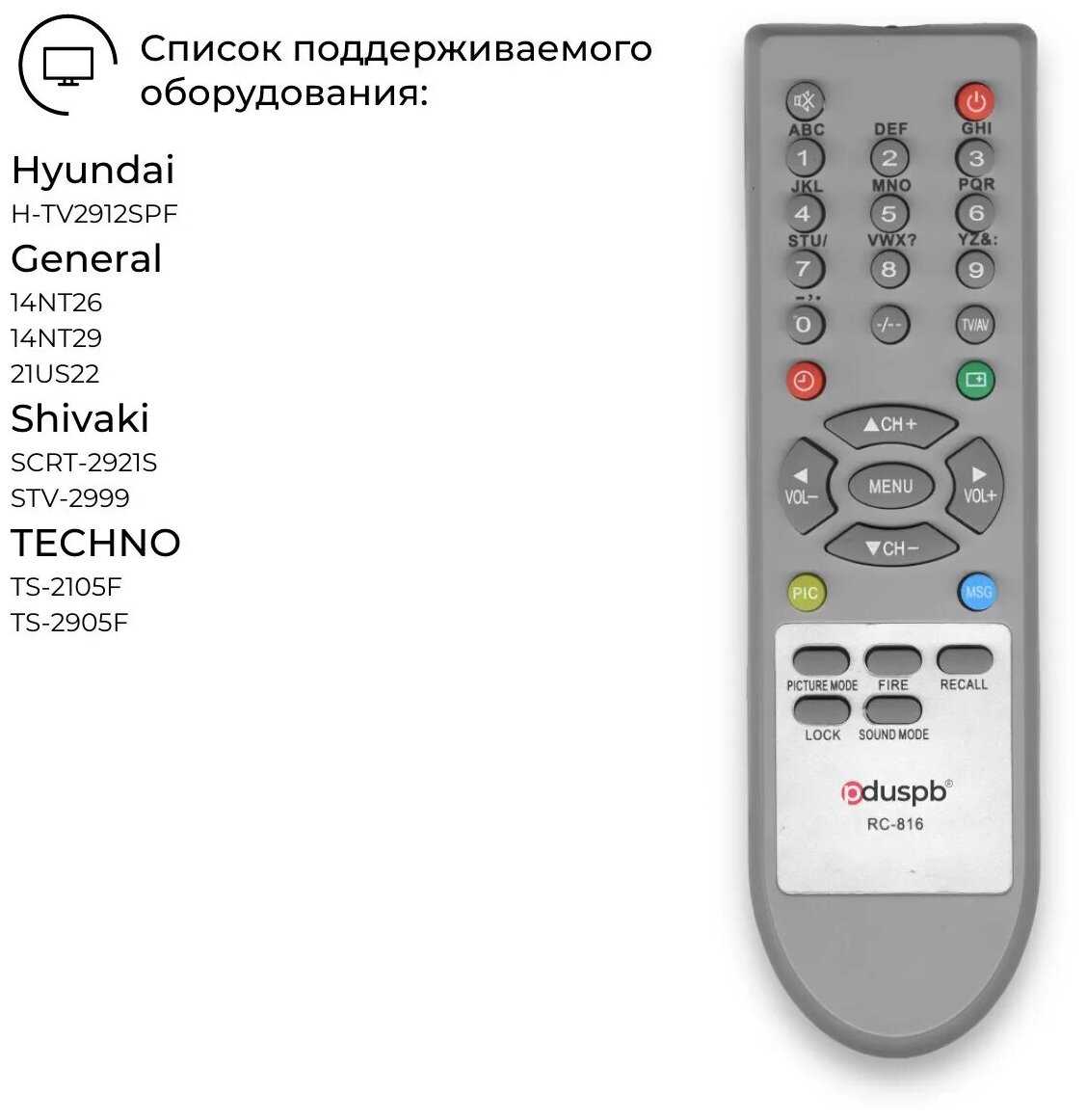 Пульт PDUSPB RC-816 (RC-815) (Techno/Trony) для телевизора Shivaki / Hyundai / General фотография 2